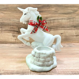 Unicorn Figurine Christmas Bow Ceramic Votive Candle Holder Fantasy 6.75"